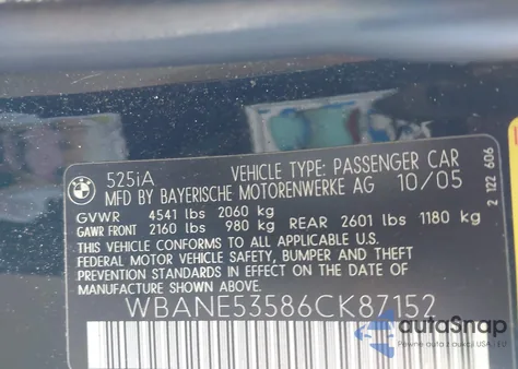 2006 BMW 525I из США, поврежденный, VIN WBANE53586CK87152